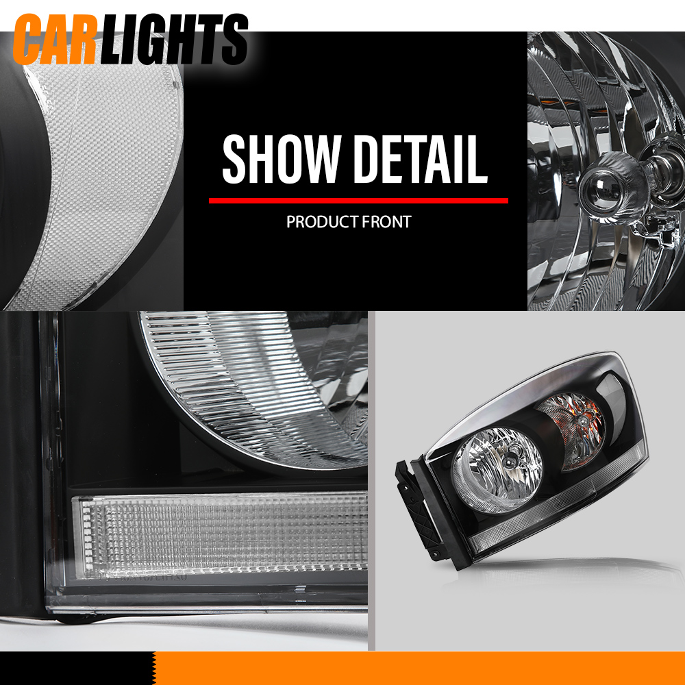 Black Bezel Headlight Set – For 2006-2008 Dodge Ram 1500 2500 3500 – Halogen – CROSSDESIGN