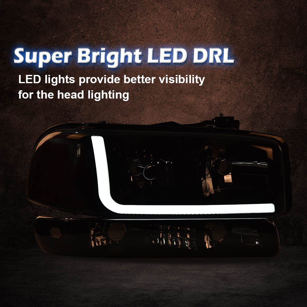 LED DRL Black Headlight Assemblies With Turn Signals For 1999-2007 GMC Sierra & Yukon